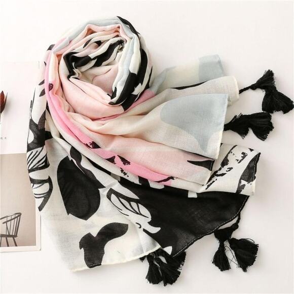 NEW Boho Floral Tasseled Rectangle Soft Chic Scarf Large Pink White Black - Picture 14 of 15